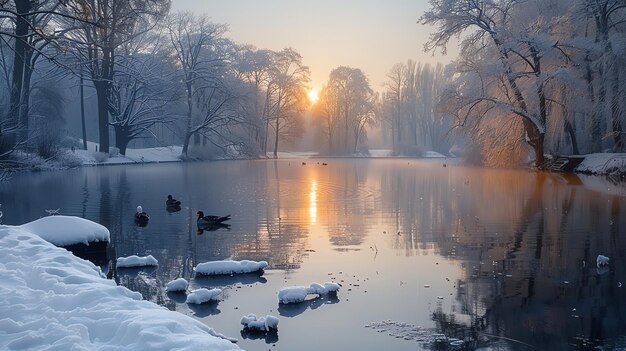 Photo une scène d'hiver avec des canards et un lac en arrière-plan