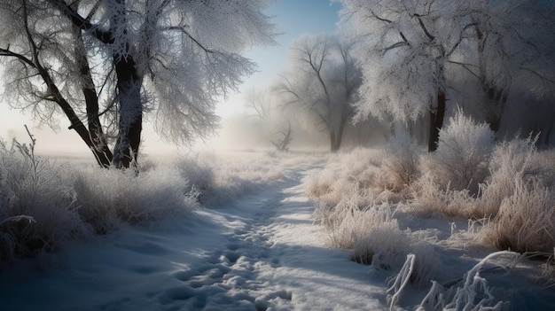 Scène d'hiver avec un chemin gelé et des arbres couverts de neige