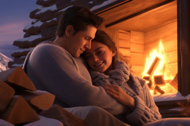 Une scène d'hiver confortable avec un couple partageant un chaud e 00001 03