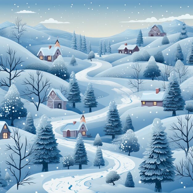 scène d'hiver enneigée avec des maisons et des arbres dans un paysage enneigé ai générative