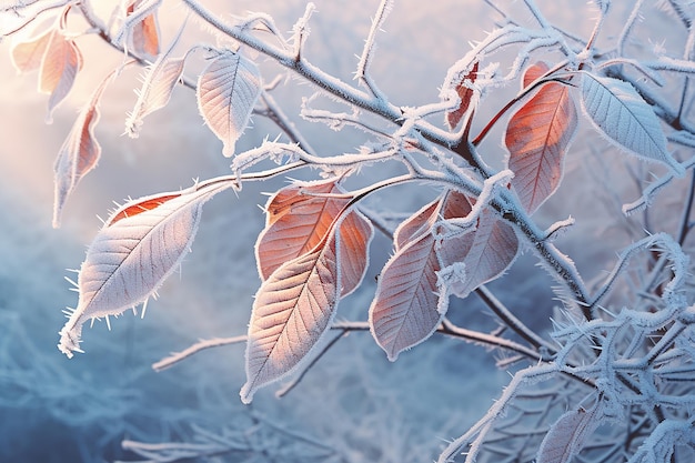 Une scène d'hiver avec des feuilles couvertes de givre, un fond d'hiver