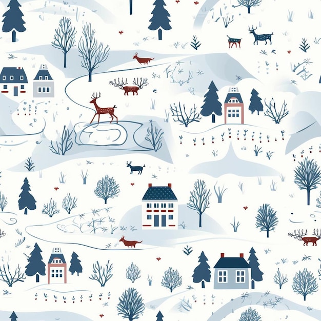 Une scène d'hiver avec une maison, des arbres, de la neige et des cerfs.