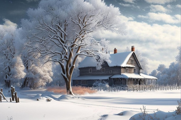 Une scène d'hiver avec une maison dans la neige