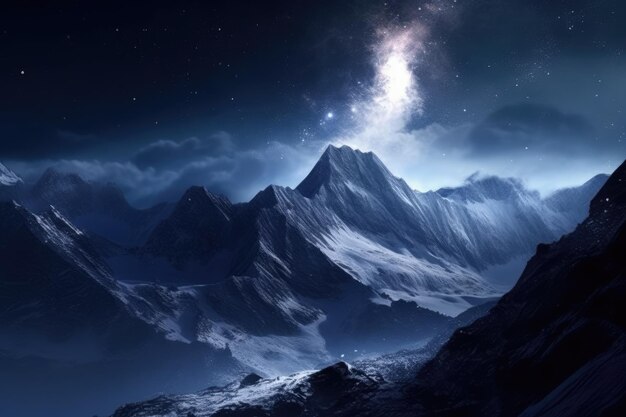 Scène d'hiver avec un majestueux sommet de montagne, une nébuleuse étoilée et une comète générative ai