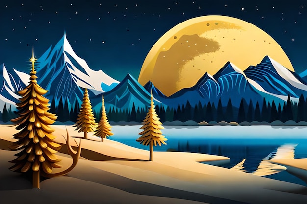 Une scène d'hiver avec une montagne enneigée et une forêt avec une pleine lune en arrière-plan