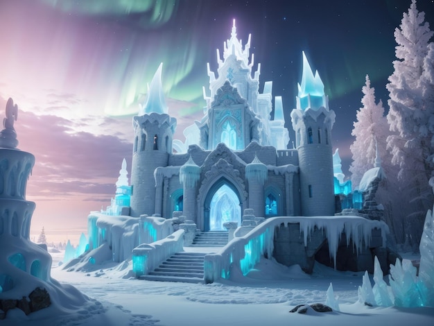 Scène d'hiver mystique avec un ancien château de glace