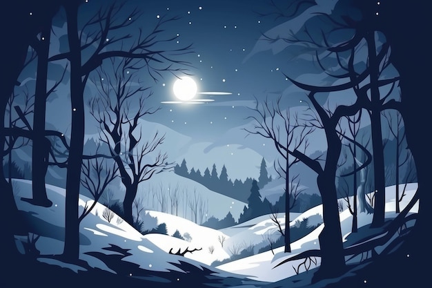 Une scène d'hiver avec un paysage enneigé et la lune en arrière-plan