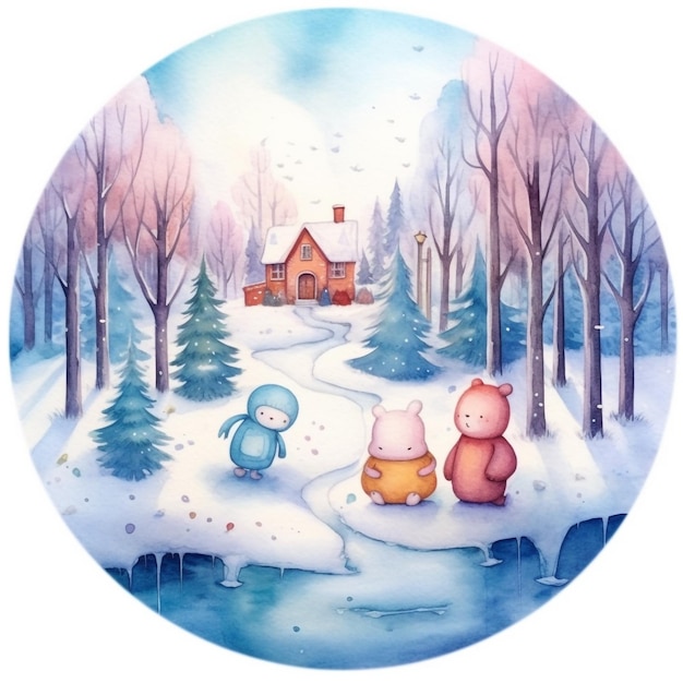 Une scène d'hiver avec un petit ours et une petite maison dans la neige.