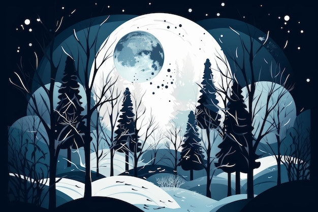 Une scène d'hiver avec une pleine lune et des arbres au premier plan