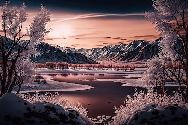 Une scène d'hiver avec une rivière gelée et des montagnes en arrière-plan.