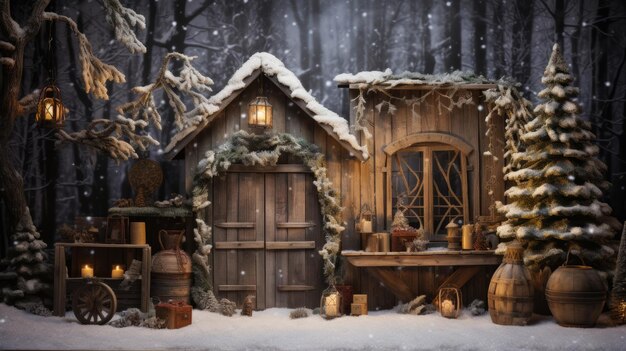 Scène d'hiver rustique avec des décorations en bois et de la neige