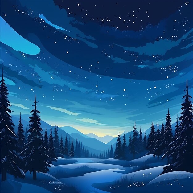 une scène hivernale avec des arbres et des montagnes couverts de neige