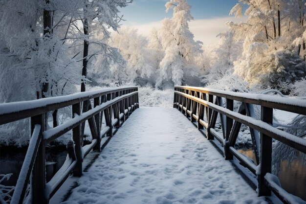 Une scène hivernale au pays des merveilles, un pont en bois enneigé par une journée froide
