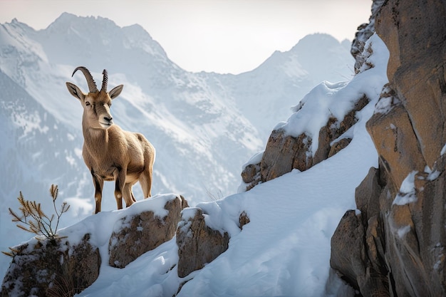 Photo scène hivernale avec des bouquetins scrutant de la falaise et de la montagne enneigée en arrière-plan créée avec une ia générative