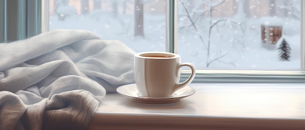 Scène hivernale confortable Café livre ouvert et plaid sur le rebord de la fenêtre vintage dans le paysage enneigé du chalet avec s
