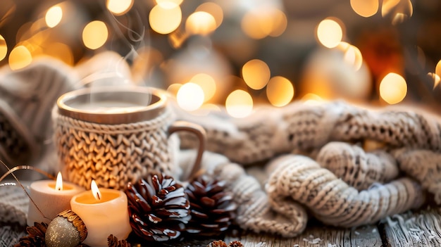 Une scène hivernale confortable avec une tasse de cacao chaud un foulard chaud et une bougie brûlante parfait pour une soirée de détente à la maison