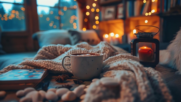 Photo une scène hivernale confortable avec une tasse de chocolat chaud un livre et une couverture chaude la façon parfaite de se détendre et de se détender après une longue journée