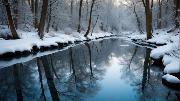 Scène hivernale couverte de neige près d'une rivière calme