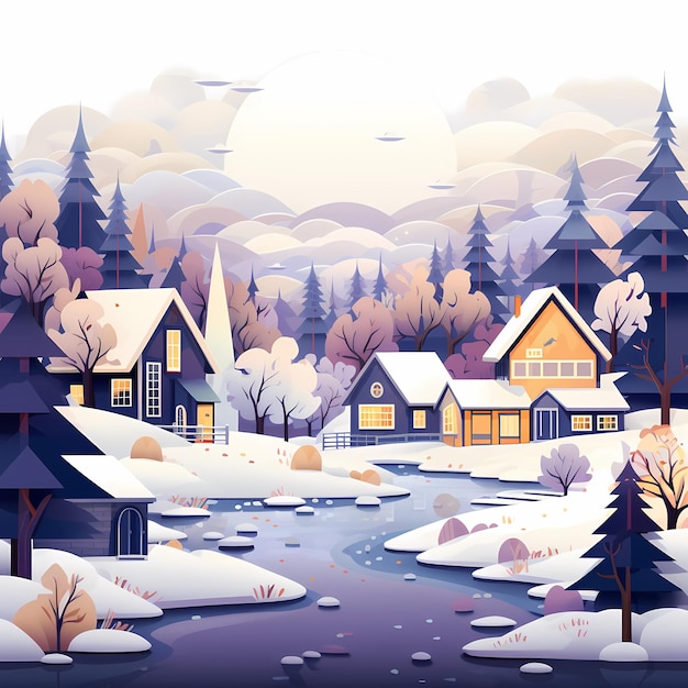 Une scène hivernale avec un lac, des arbres et une maison.