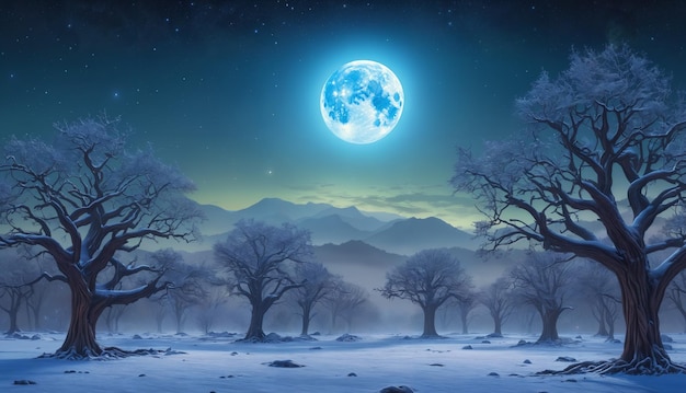 Une scène hivernale avec une lune pleine éclairant les environs La lune projette une lueur étrange sur les arbres créant une atmosphère effrayante