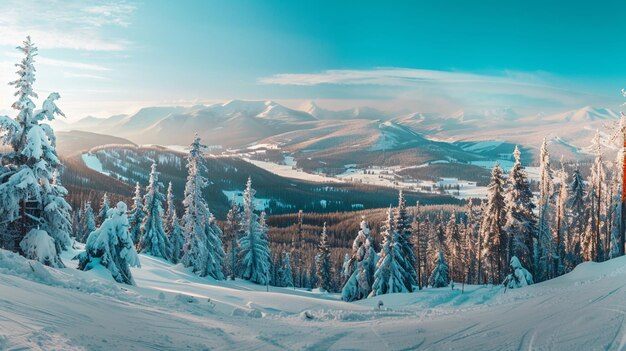 Photo une scène hivernale avec des montagnes et des arbres couverts de neige