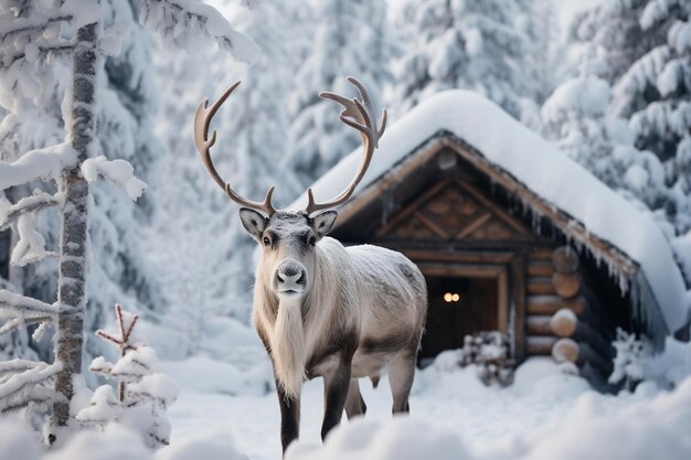 Scène hivernale avec un renne de Laponie au milieu d'un paysage enneigé avec une charmante cabane AI