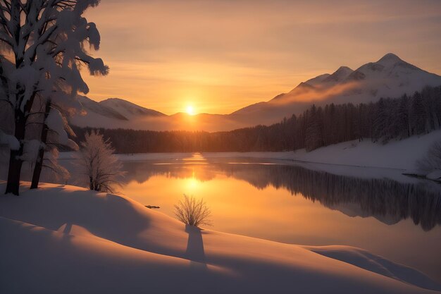 Une scène hivernale sereine au coucher du soleil avec des arbres couverts de neige un lac gelé génératif par Ai