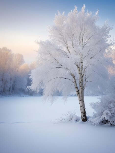 Une scène hivernale tranquille avec un bouleau blanc solitaire couvert de neige