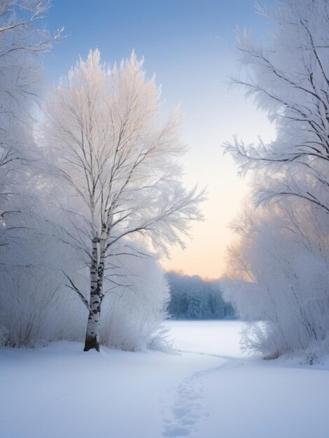 Une scène hivernale tranquille avec un bouleau blanc solitaire couvert de neige