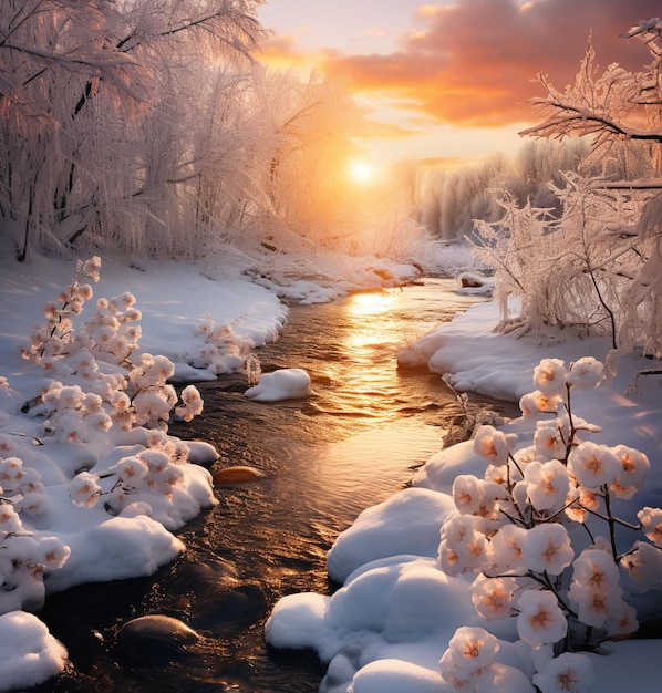 Une scène hivernale tranquille d'une rivière qui coule à travers une forêt enneigée avec des fleurs de pêcher