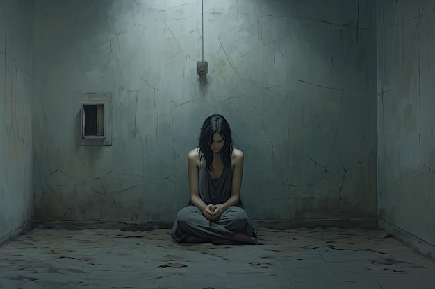 La scène d'horreur d'une jeune femme dans un bâtiment sombre et abandonné capture la profonde désolation d'une femme assise dans un coin d'une pièce sans fioritures.