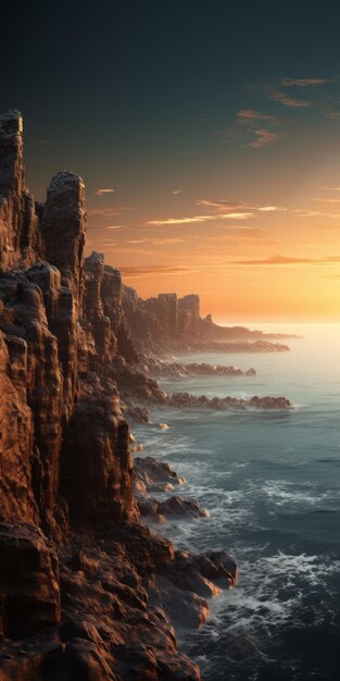 Scène hyperréaliste du coucher de soleil sur un océan du désert rocheux