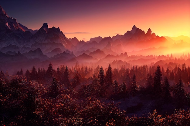 Scène incroyable avec des montagnes Lever du soleil du haut de la montagne Beau paysage dans les montagnes au lever du soleil