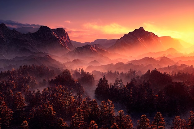 Scène incroyable avec des montagnes Lever du soleil du haut de la montagne Beau paysage dans les montagnes au lever du soleil