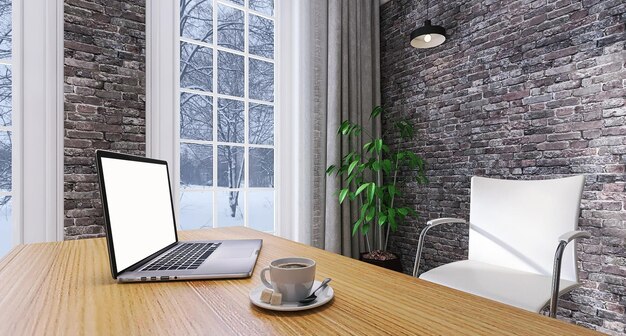 Scène d'intérieur de bureau moderne avec tasse à café maquette pour ordinateur portable et fond de neige