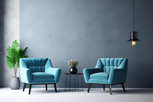 scène de l'intérieur moderne du salon avec fauteuil fauteuils bleus concept de design d'intérieur