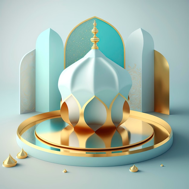 Scène islamique du ramadan avec scène de mosquée réaliste 3d dorée et podium pour la présentation du produit