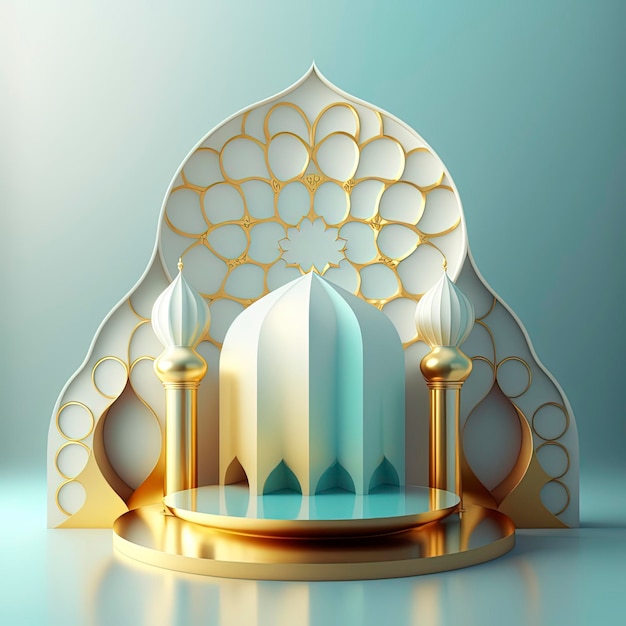 Scène islamique du ramadan avec scène de mosquée réaliste 3d dorée et podium pour la présentation du produit