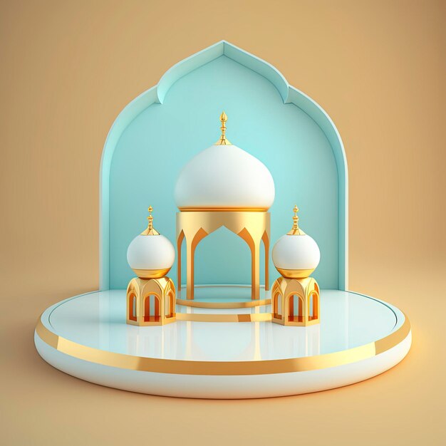 Scène islamique du ramadan avec scène de mosquée réaliste 3d dorée et podium pour la présentation du produit