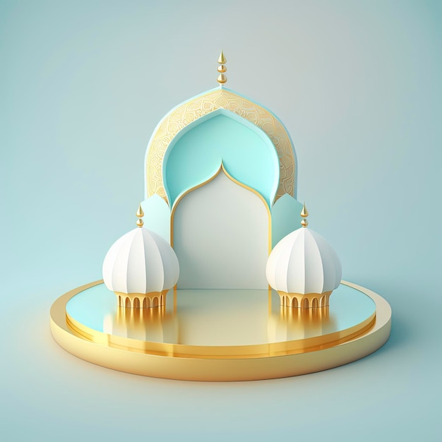 Scène islamique du ramadan avec scène de mosquée réaliste 3d dorée et podium pour la présentation du produit