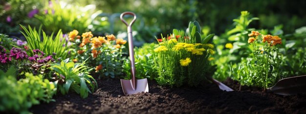 Scène de jardin de printemps avec des fleurs, des plantes et des outils de jardinage