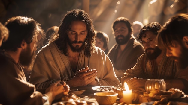 Photo scène de jésus-christ priant pendant le dernier souper avec ses apôtres