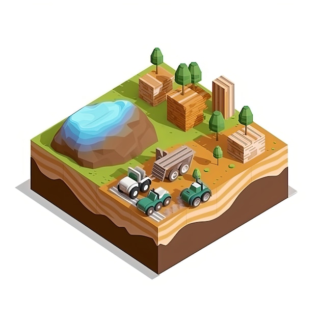 Une scène d'un jeu vidéo avec un tracteur et un tas de bois.