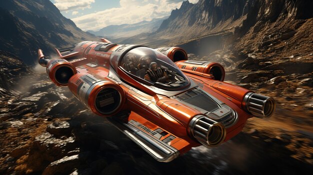 une scène de jeu vidéo d'un vaisseau spatial volant sur un paysage rocheux
