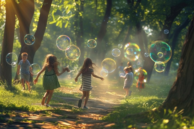 Une scène joyeuse d'enfants qui chassent des bulles dans un parc vert et luxuriant.