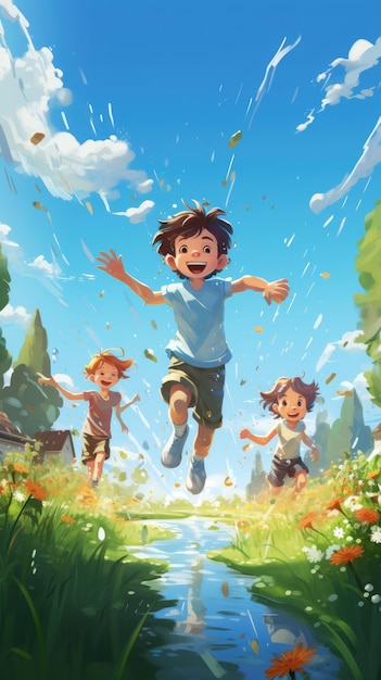 Une scène joyeuse et ludique d'enfants courant à travers un arroseur dans une cour herbeuse