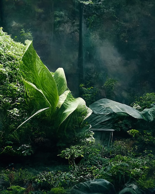 Une scène de jungle avec une grande plante feuillue au premier plan et une maison en arrière-plan.