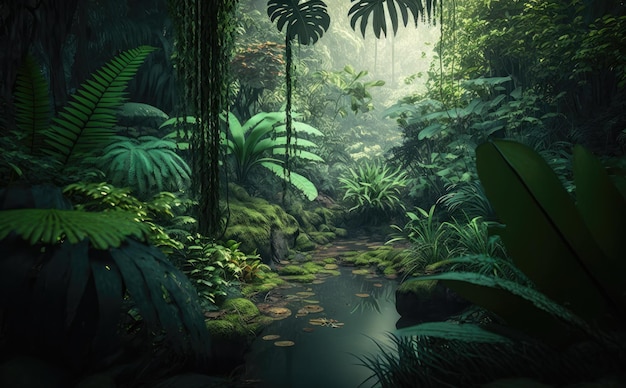 Scène de jungle avec un ruisseau et des plantes