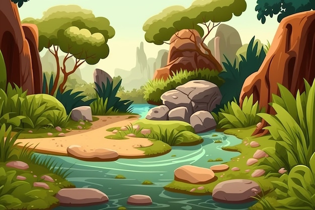 Une scène de jungle de style dessin animé avec une rivière et des plantes de la jungle