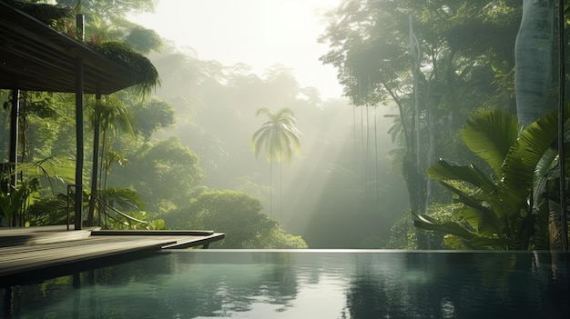 Une scène de jungle tropicale avec une piscine et des arbres.